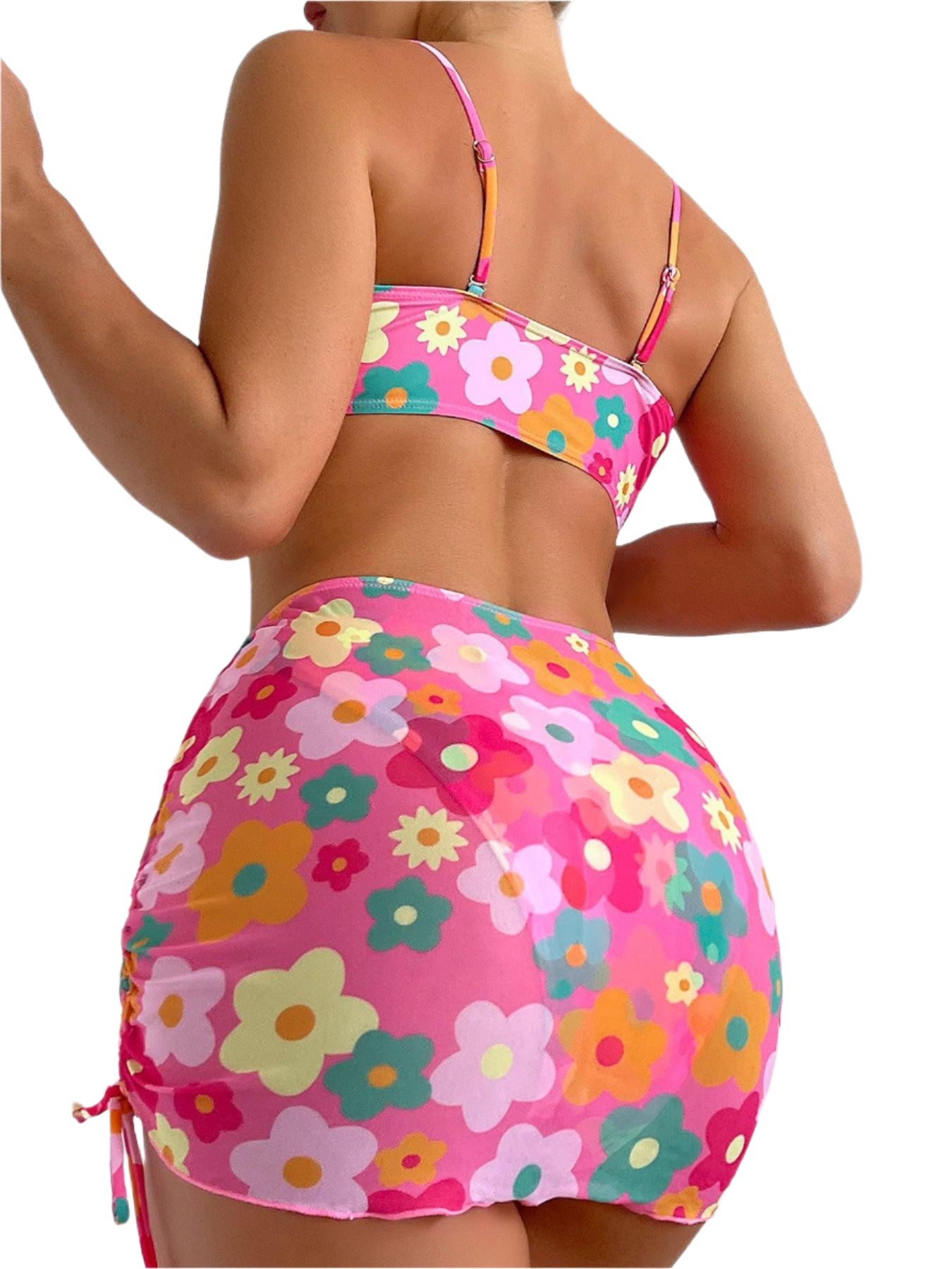 Petal Pop Floral 3 Piece Underwire Bikini & Beach Skirt Set- Pink - Koda Fashion & Decor - Free Shipping