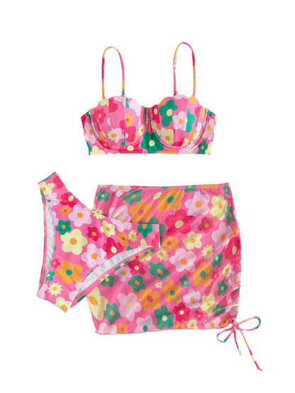 Petal Pop Floral 3 Piece Underwire Bikini & Beach Skirt Set- Pink - Koda Fashion & Decor - Free Shipping