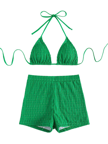 Shiloh Textured Solid Colour Halter Bikini Set- Green - Koda Fashion & Decor - Free Shipping