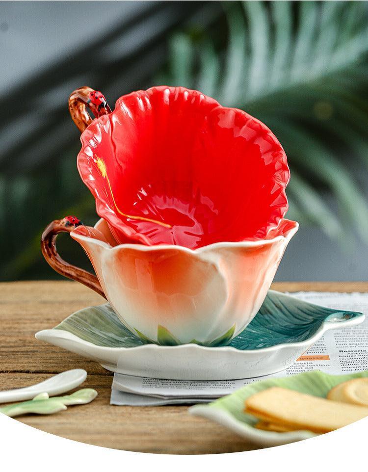 Red Hibiscus Ceramic Teacup & Saucer Set