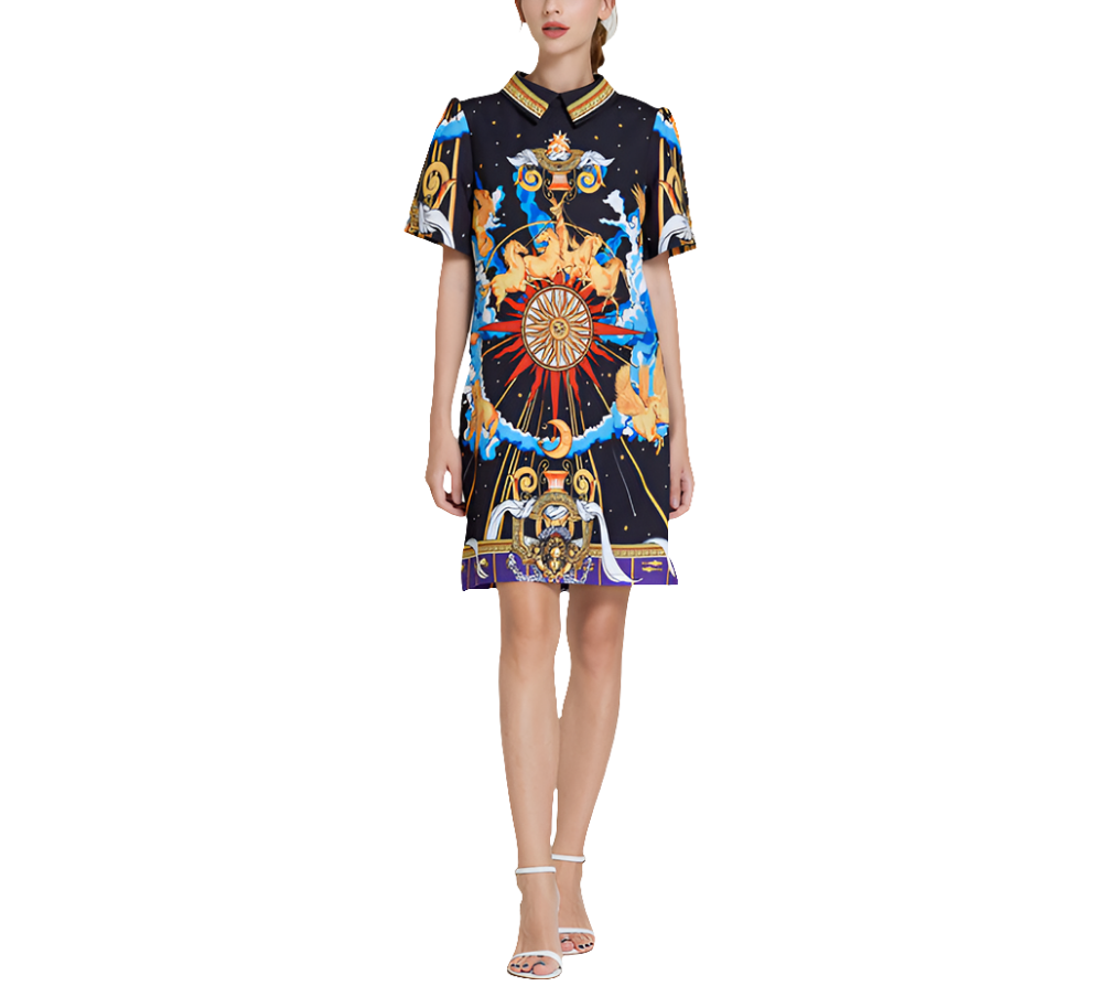 Baroque Turn Down Collar Midi Dress