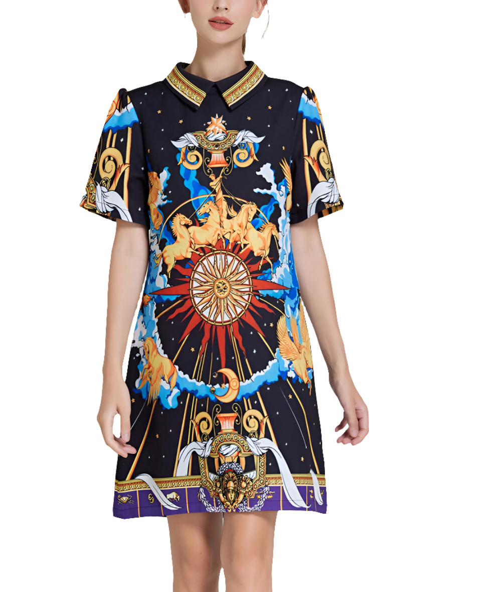 Baroque Turn Down Collar Midi Dress