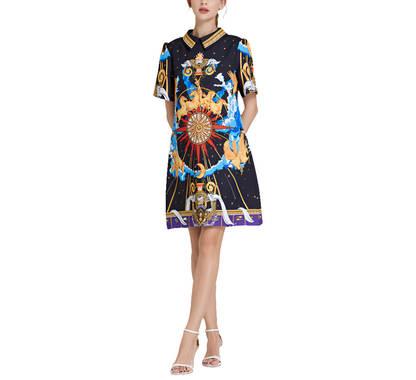 Baroque Turn Down Collar Midi Dress