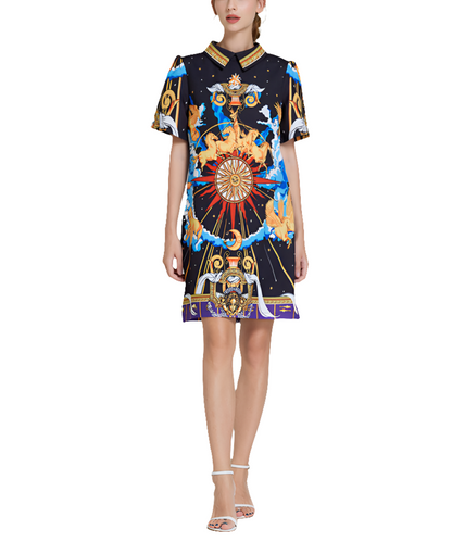 Baroque Turn Down Collar Midi Dress