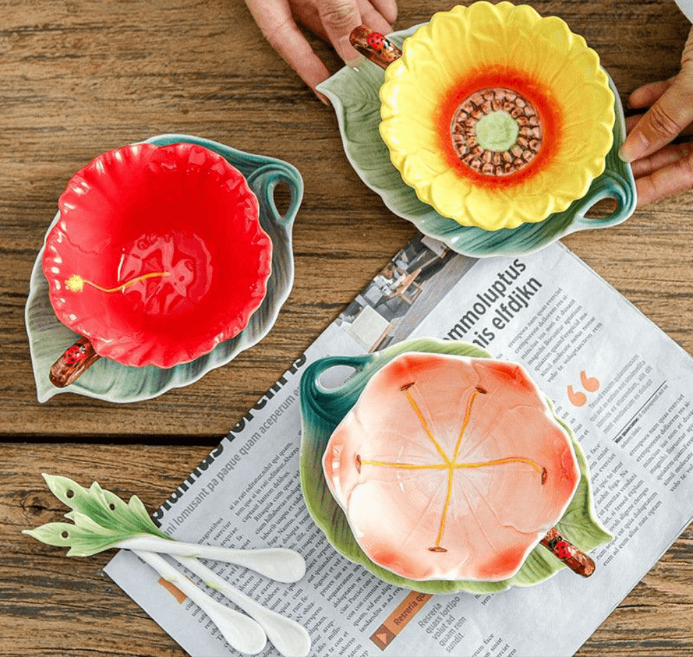 Red Hibiscus Ceramic Teacup & Saucer Set