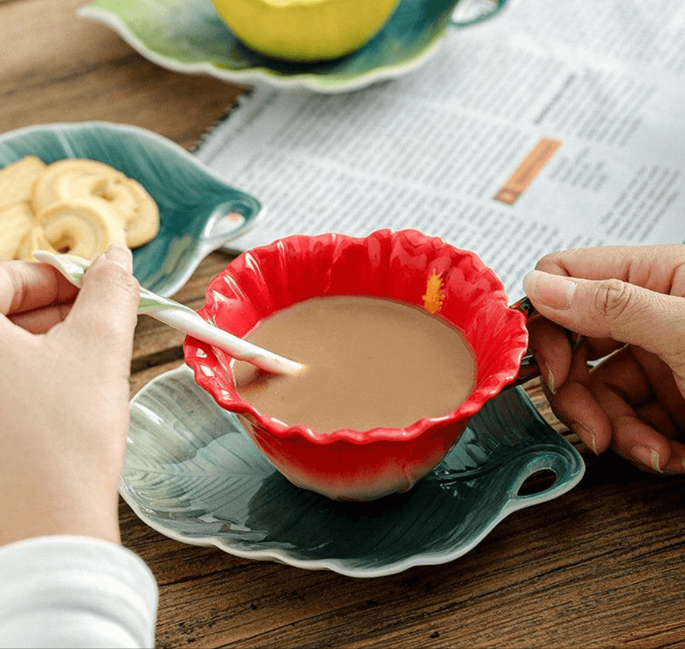 Red Hibiscus Ceramic Teacup & Saucer Set