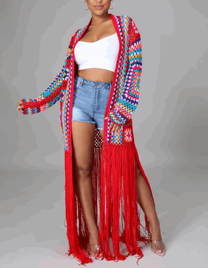 Crocheted Tassel Tie-Up Maxi Cardigan - Koda Fashion & Decor - Free Shipping