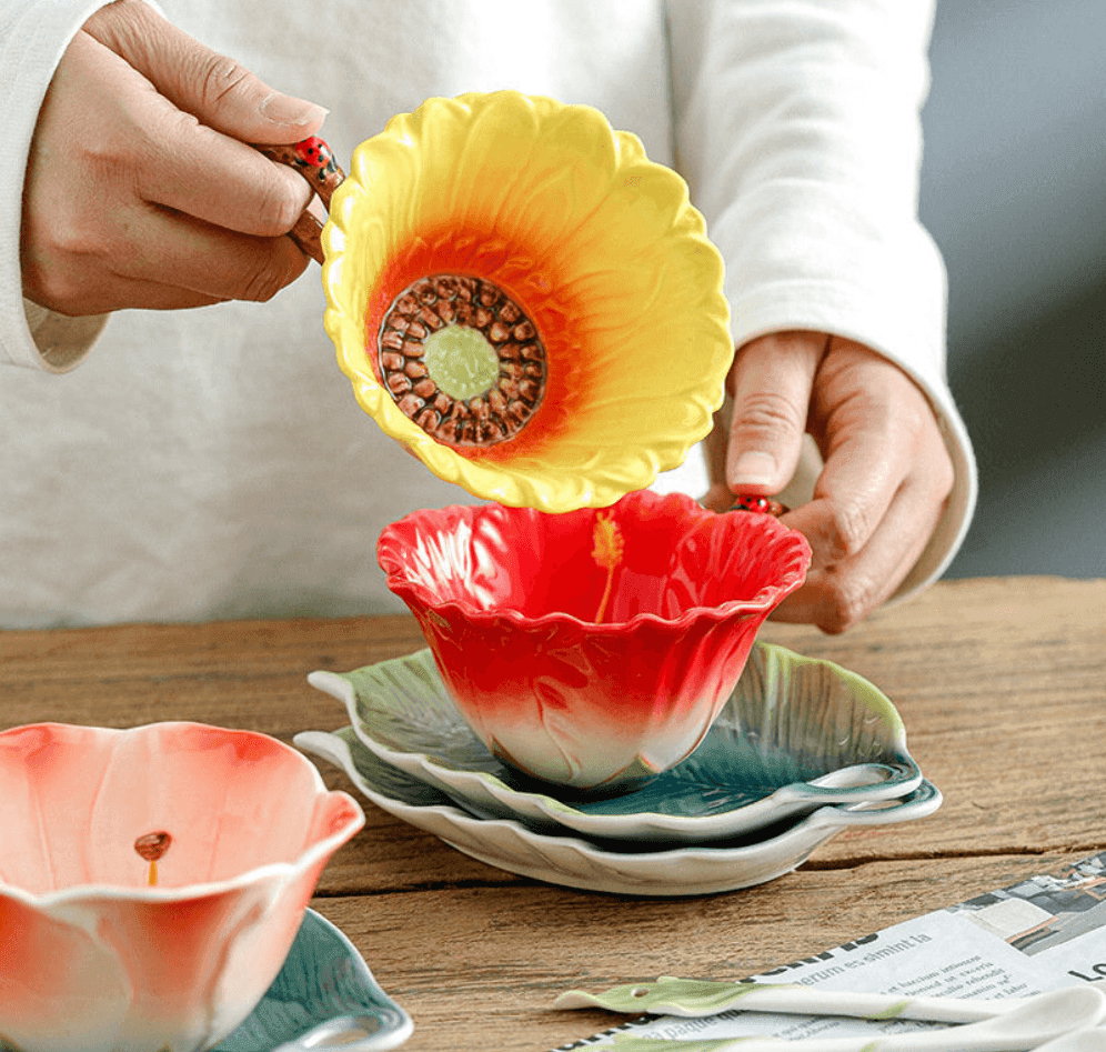 Red Hibiscus Ceramic Teacup & Saucer Set