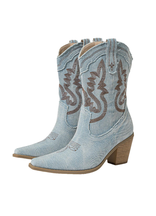 Denim Western Cowgirl Boots in Pale Blue Koda Fashion & Decor