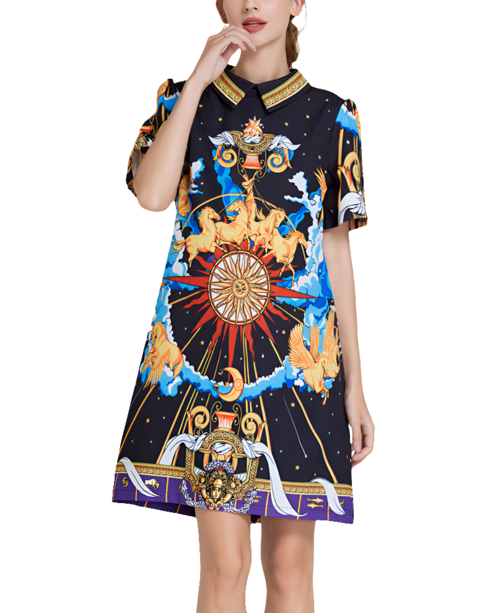 Baroque Turn Down Collar Midi Dress