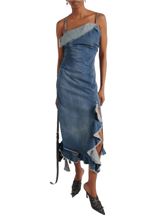 Anastasia Asymmetric Ruffled Denim Backless Midi Dress Koda Fashion & Decor