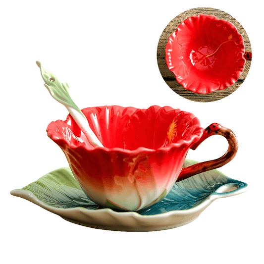 Red Hibiscus Ceramic Teacup & Saucer Set