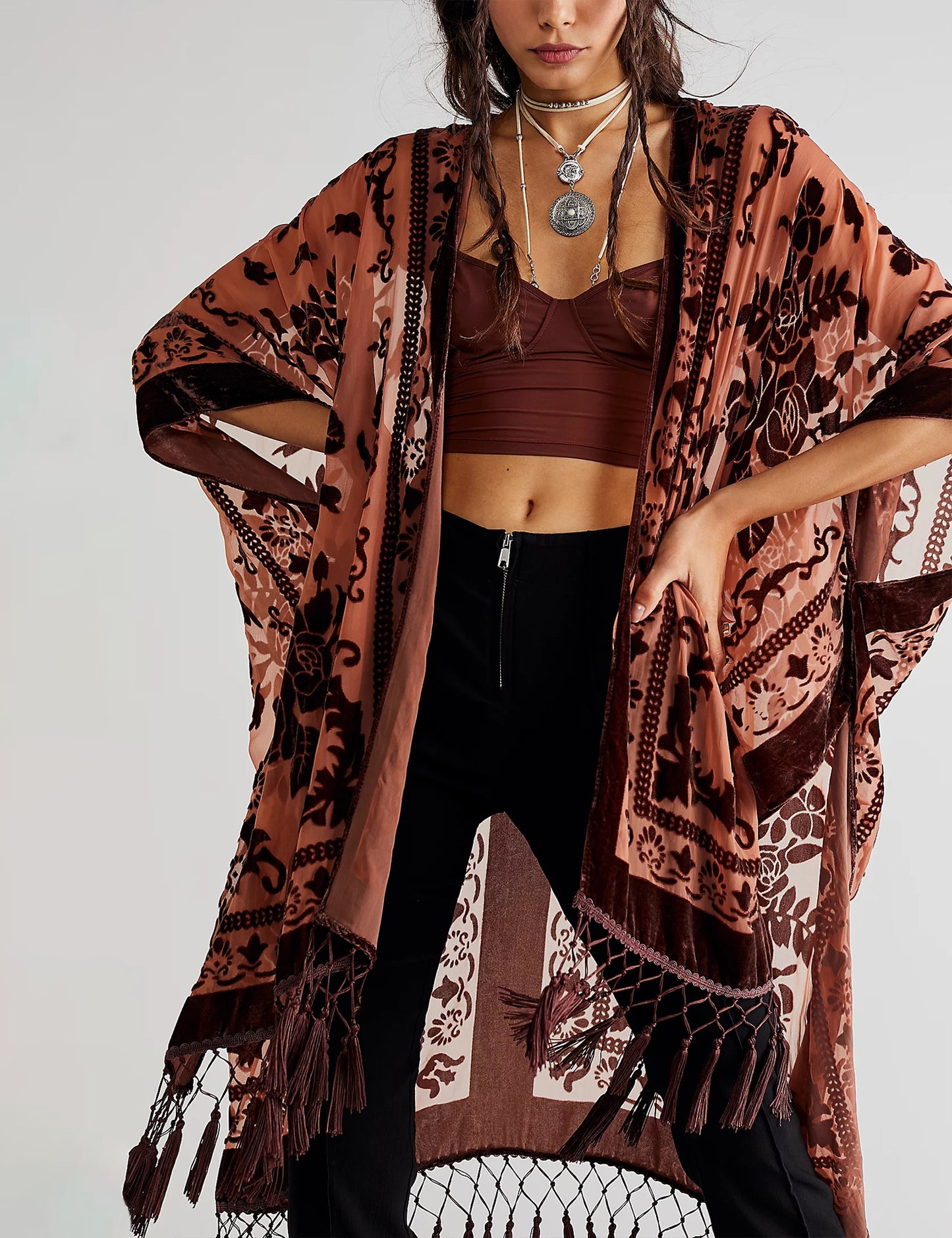 Pixie Hunter Velvet Boho Tassel Kimono